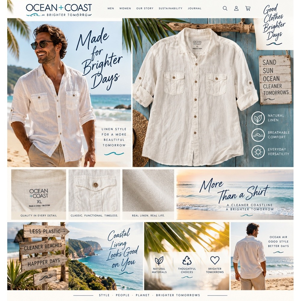 Ocean Coast Mens XL White 100% Linen Long Sleeve Roll Tab Button Down Shirt
